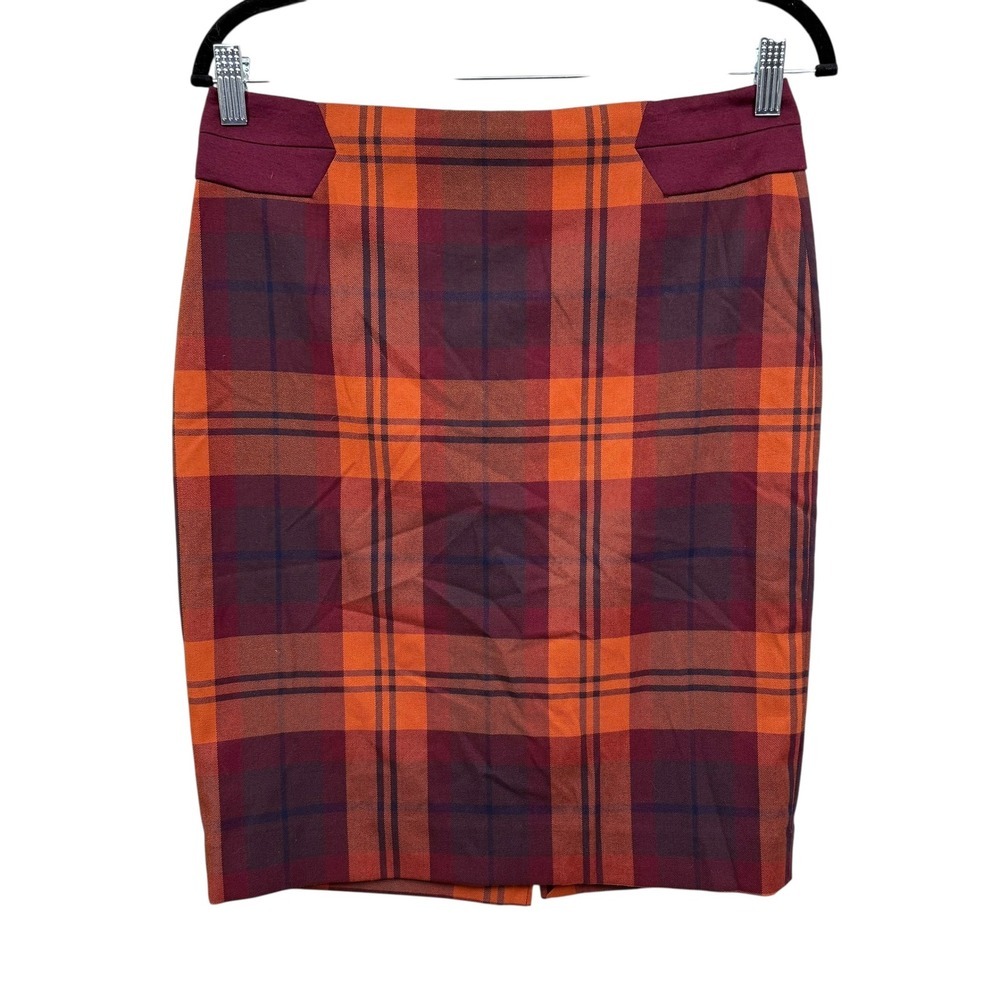 The Limited Women Plaid Pencil Skirt Lined Orange Burgundy Career Vented Sz 4*